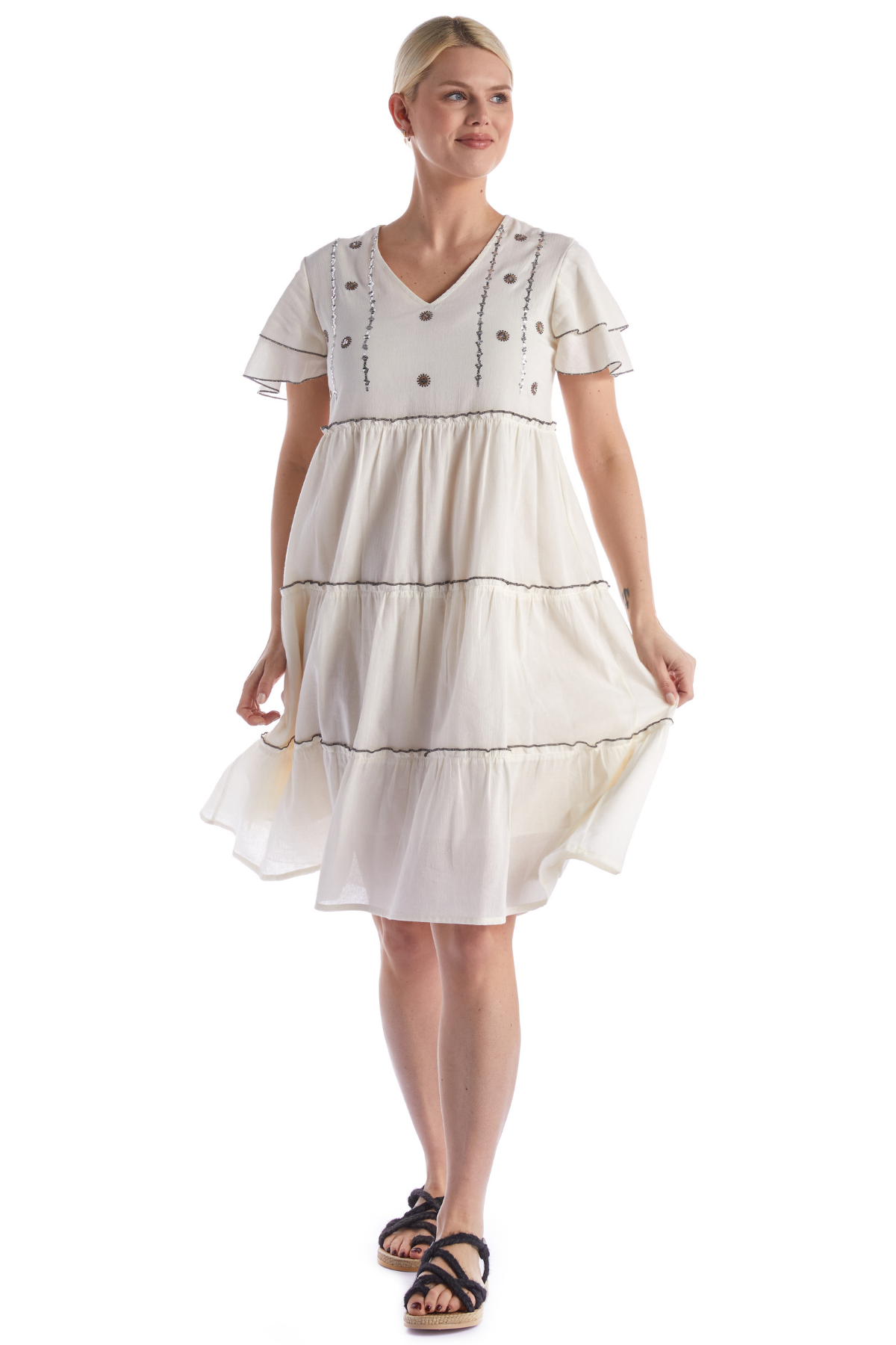 Kısa Kol Pullu Krem V Yaka Şile Bezi Yazlık Midi Boy Elbise