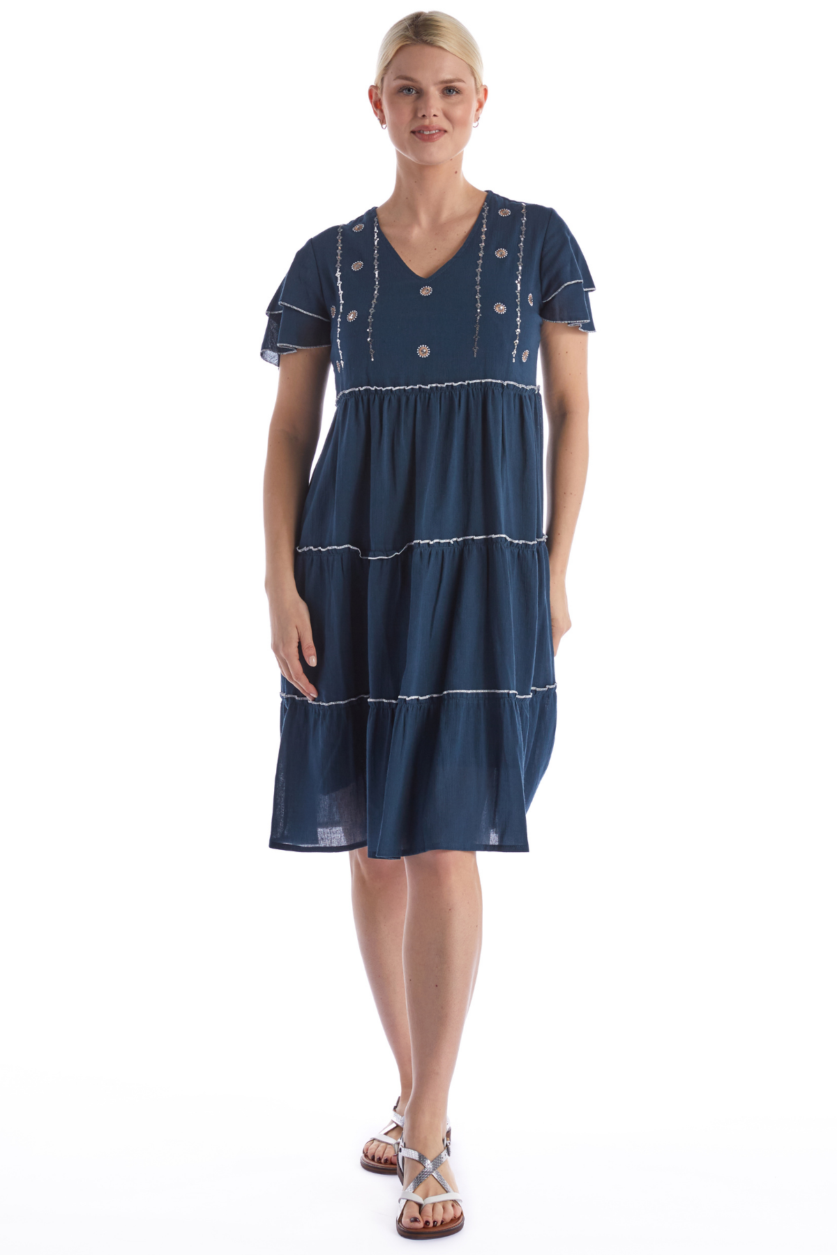 Kısa Kol Pullu Petrol V Yaka Şile Bezi Yazlık Midi Boy Elbise