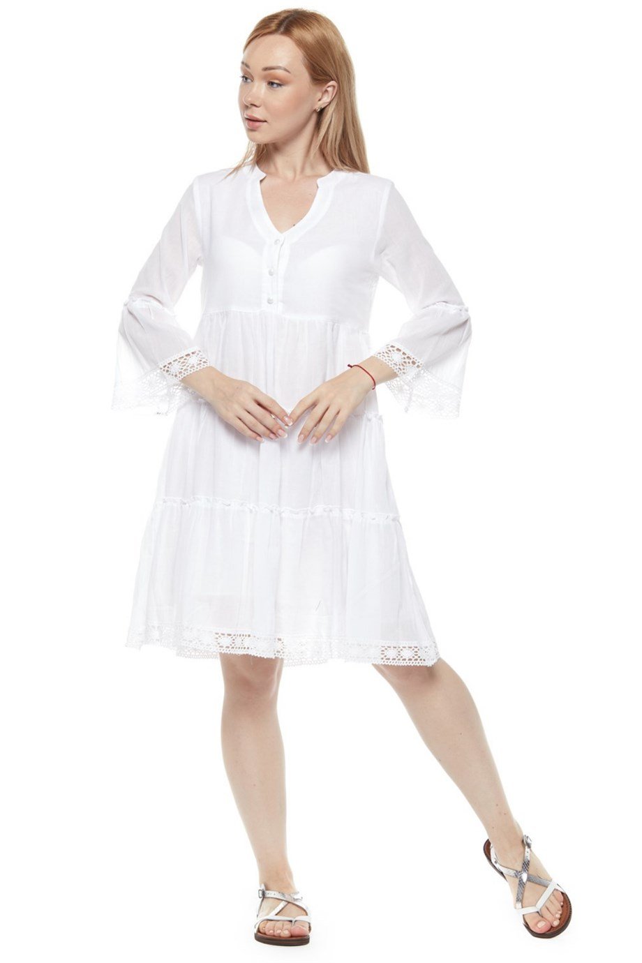 Kısa Kollu Beyaz Düğmeli Elbise
