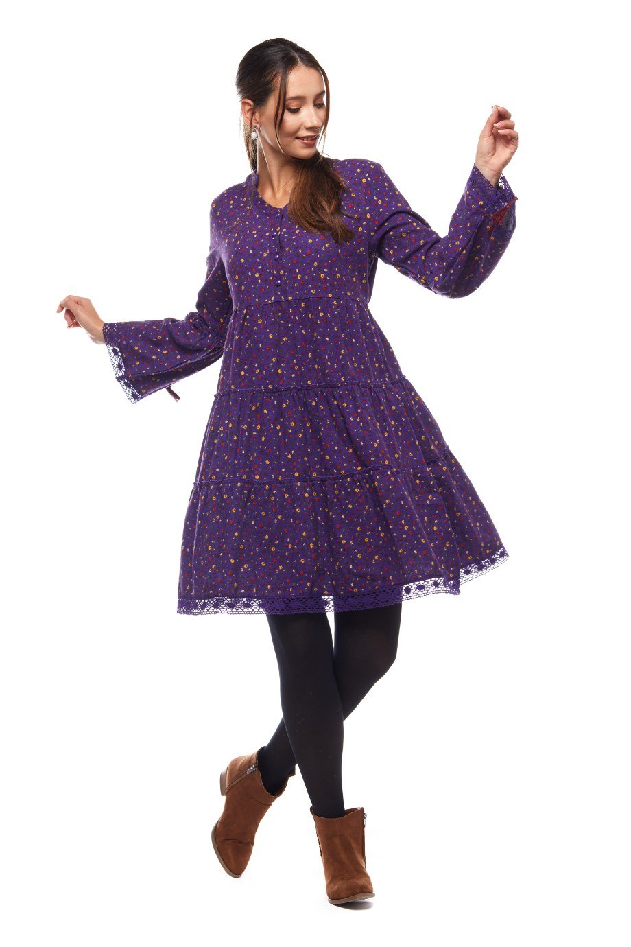 Mor Çıtır Desen Kısa Elbise