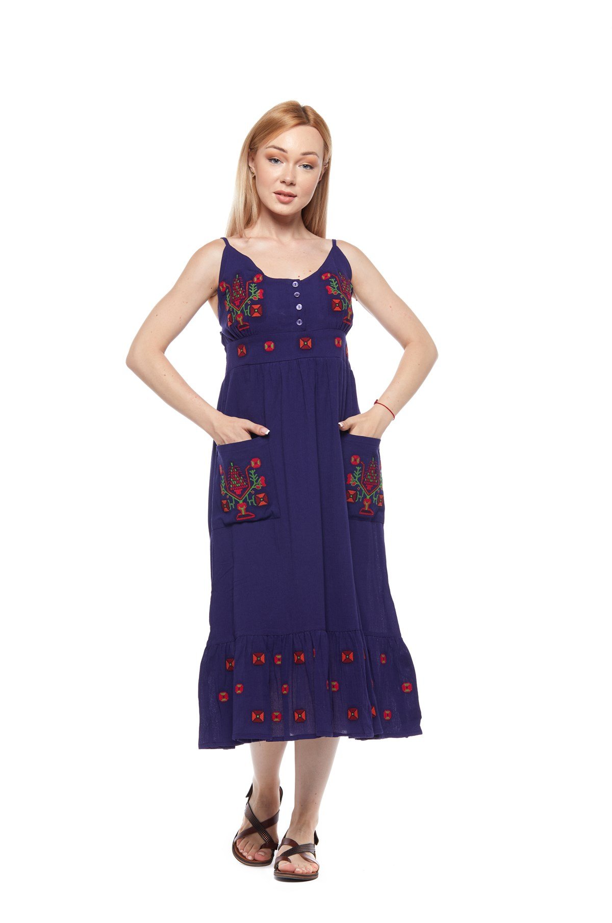 Mor Otantik Askılı Nakışlı Elbise