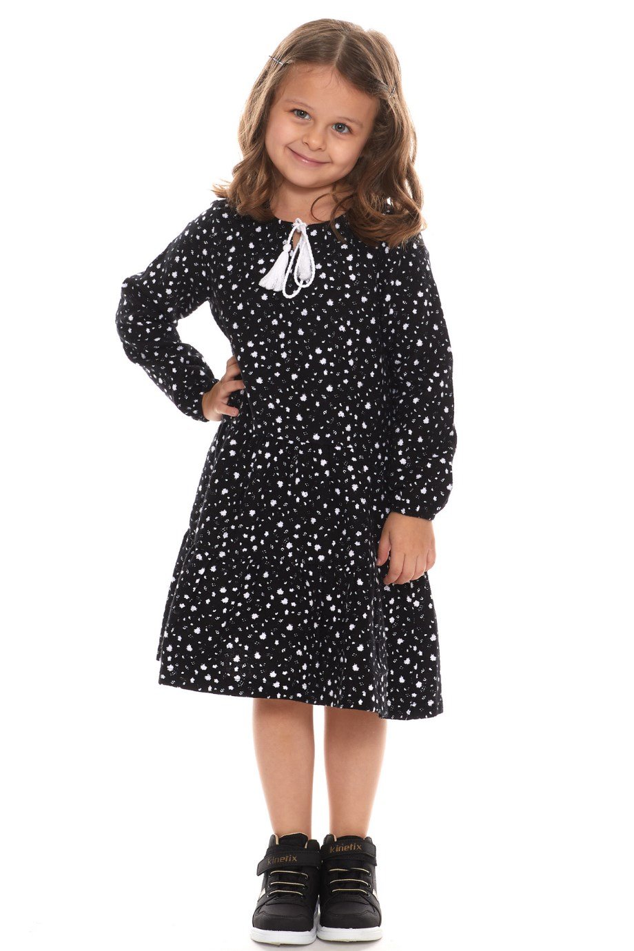 Newbutix Beyaz Uzun Kol Pazen  Püskül Yaka  Çocuk Elbise 