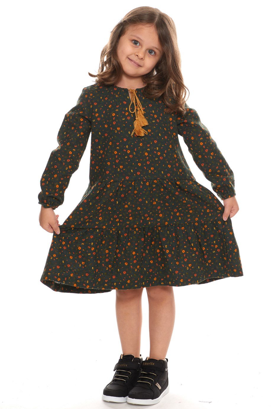 Newbutix Haki Uzun Kol Pazen  Püskül Yaka  Çocuk Elbise 