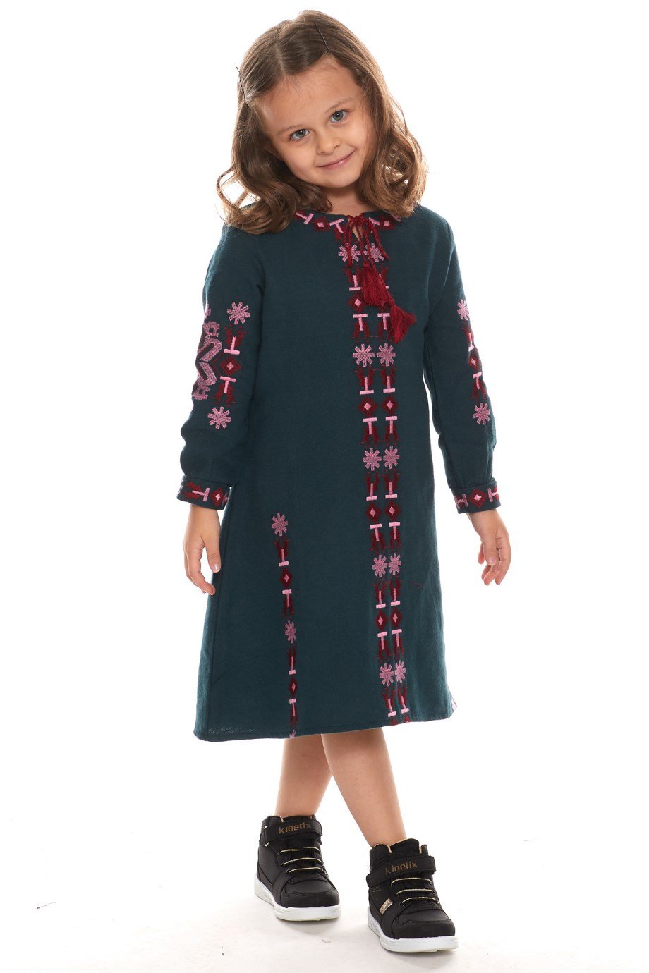 Newbutix Petrol Uzun Kol Pazen Nakışlı  Çocuk Elbise