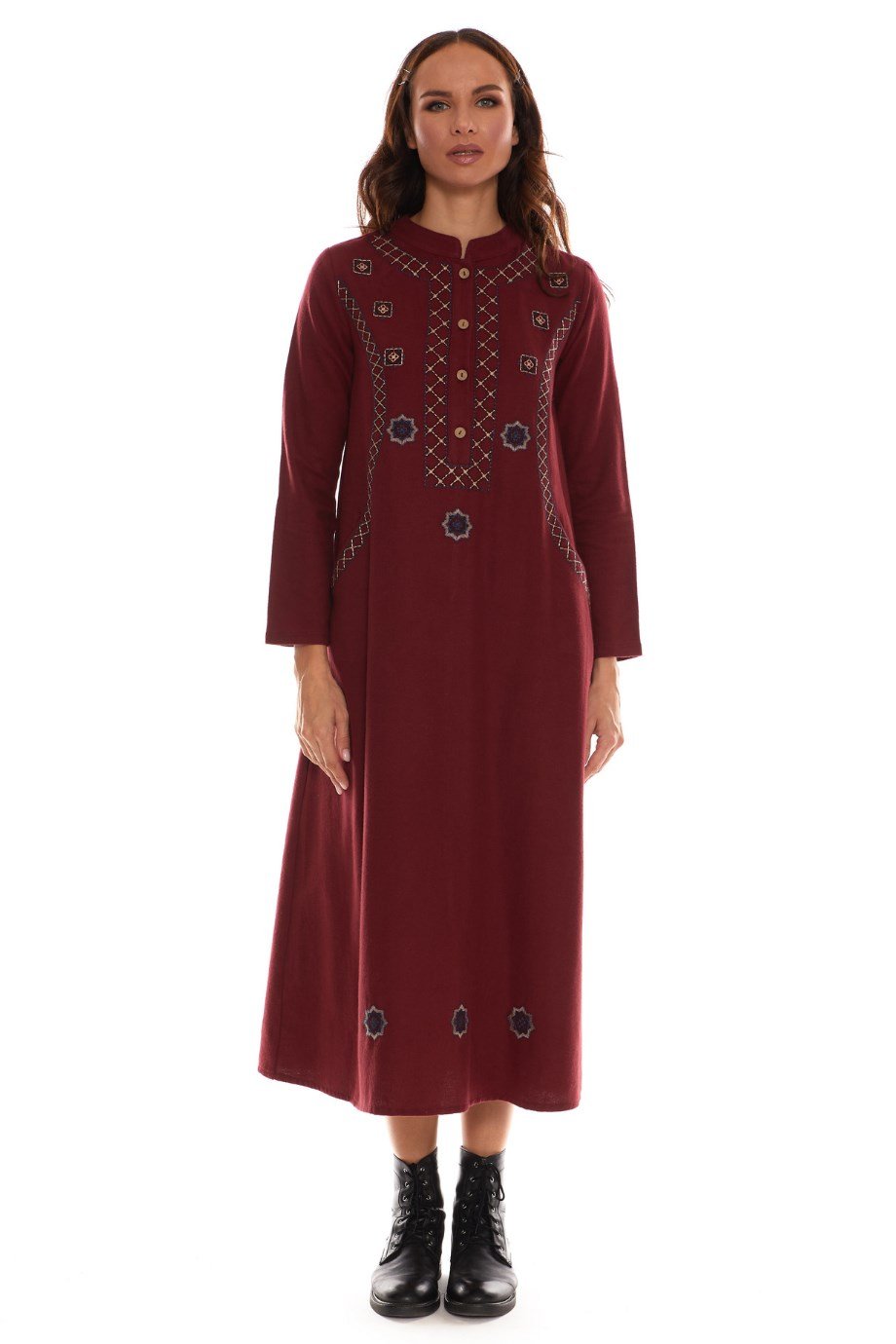 Newbutix Uzun Kol Pazen Bordo Nakışlı Uzun Elbise