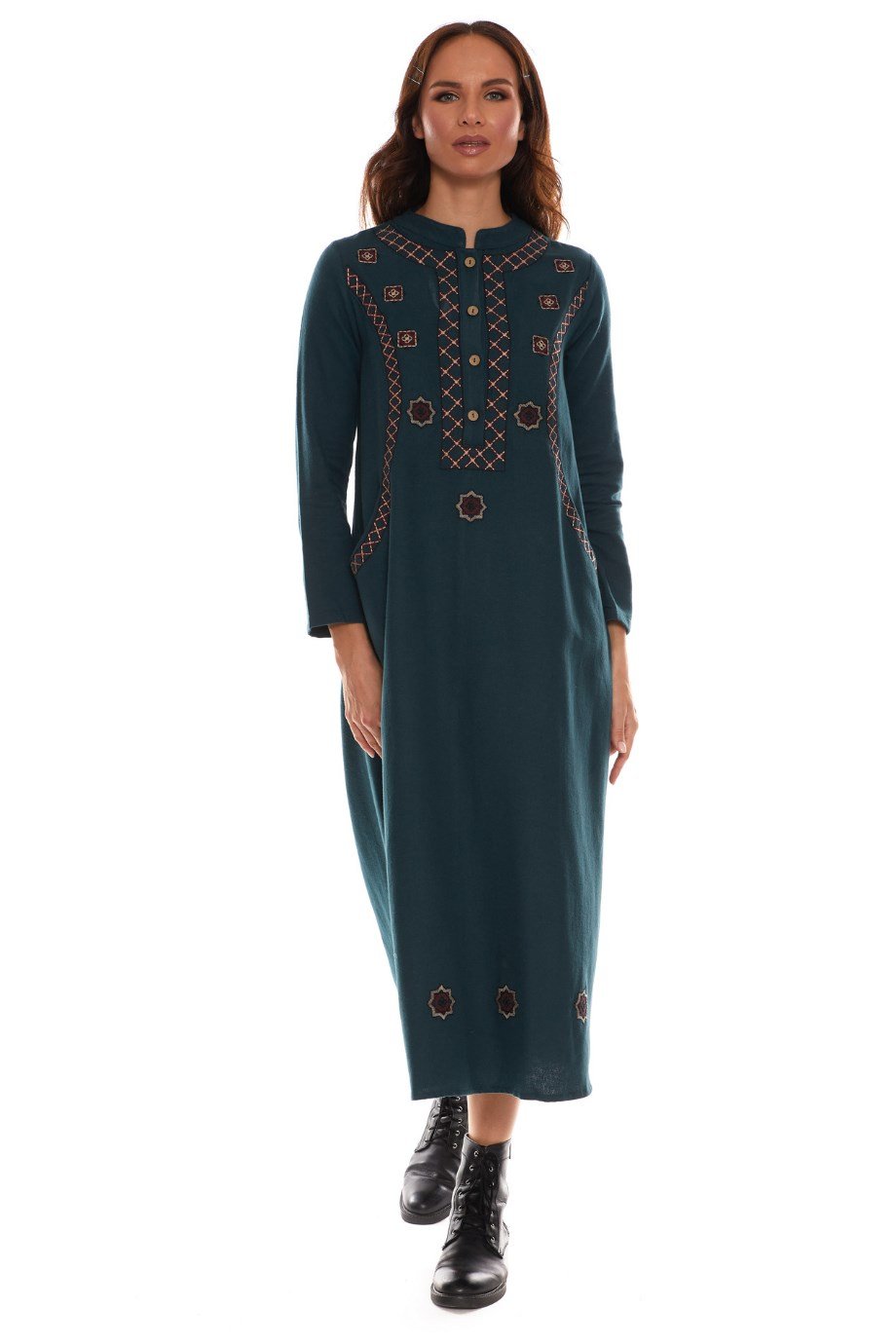 Newbutix Uzun Kol Pazen Petrol Nakışlı Uzun Elbise