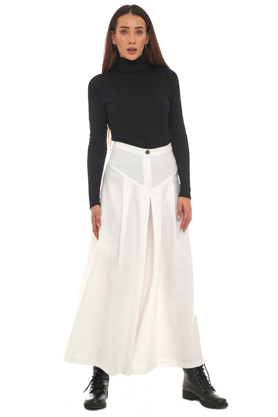 Pazen Beyaz Pileli Geniş Paça Pantolon