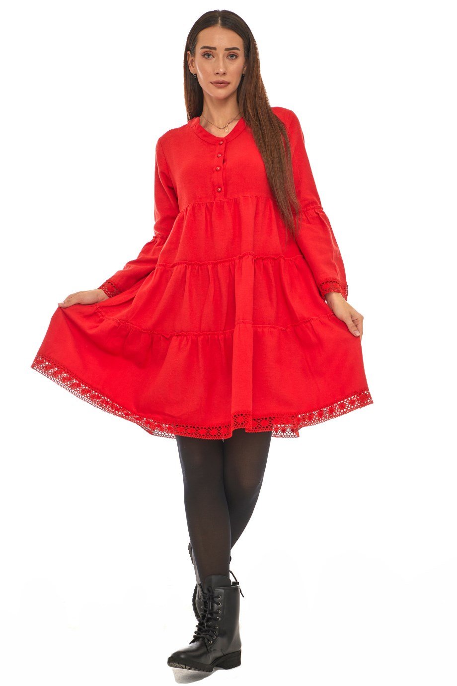 Pazen Kırmızı Düz Desen Kısa Elbise