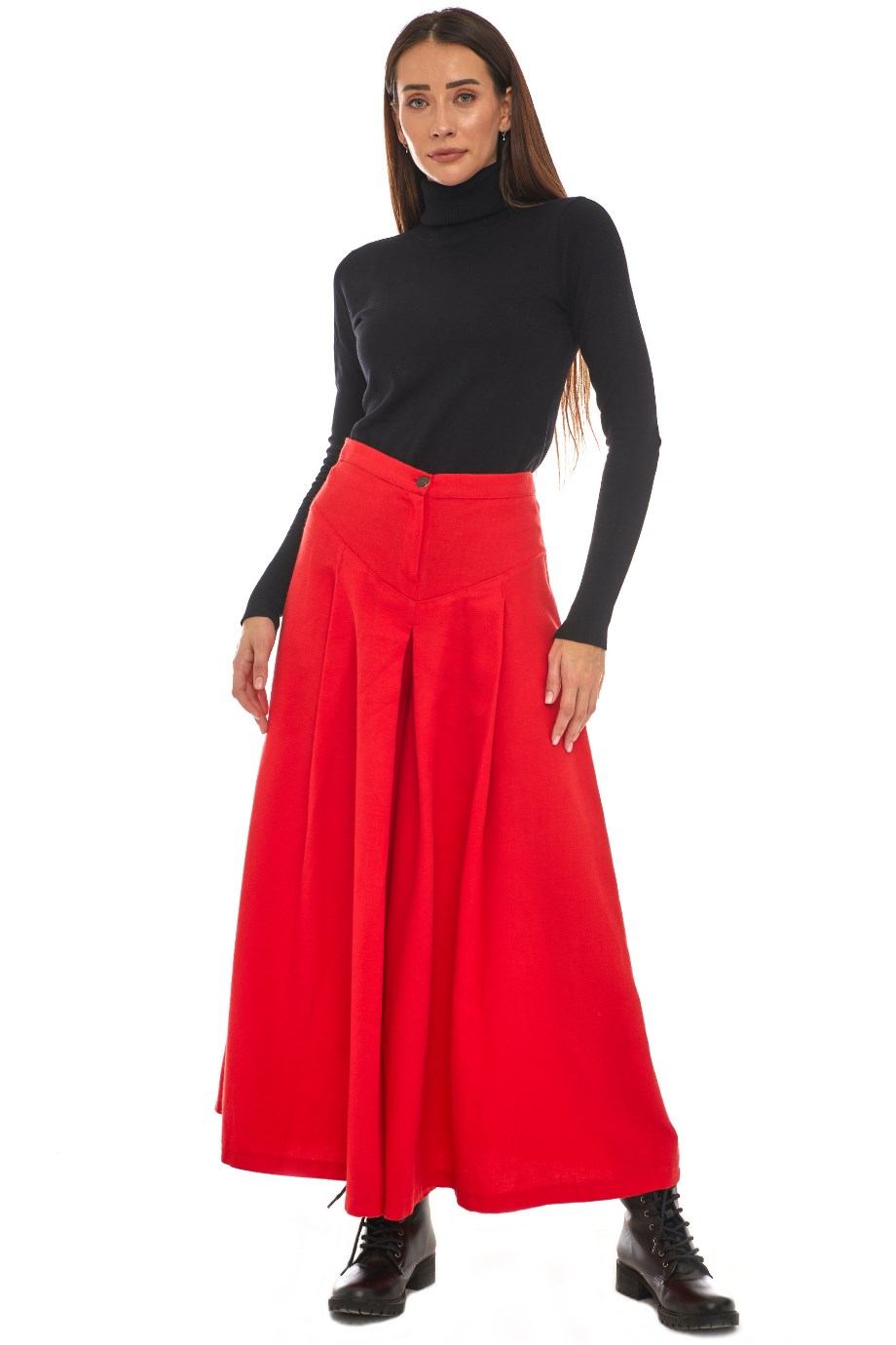 Pazen Kırmızı Pileli Geniş Paça Pantolon