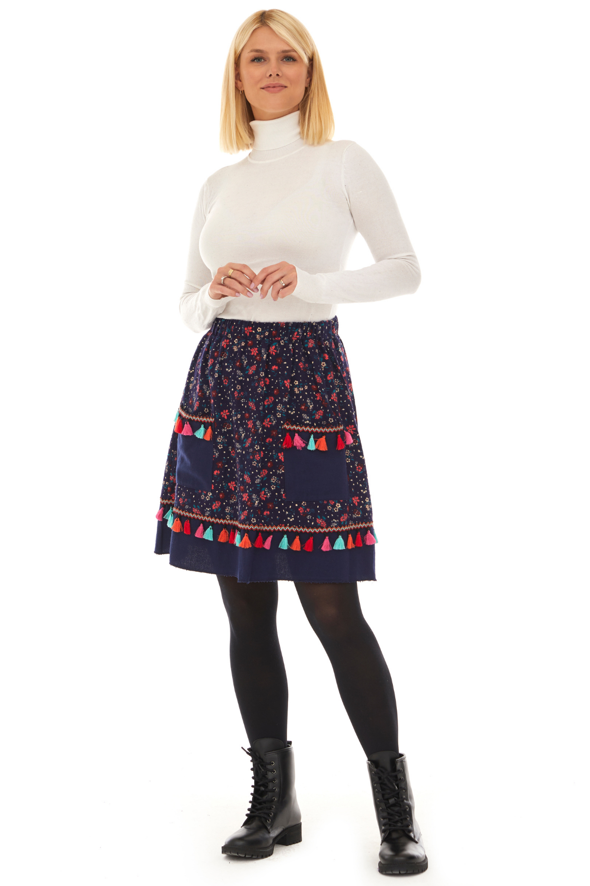 Pazen Lacivert Çıtır Desen Püsküllü Etek