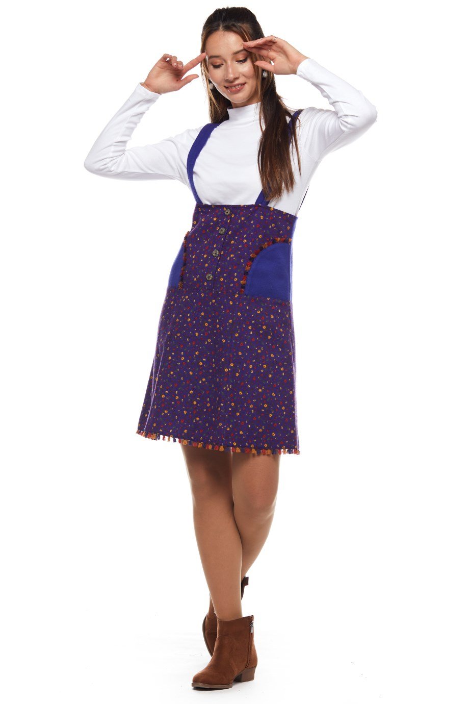 Pazen Mor Salopet Desenli Kısa Etek