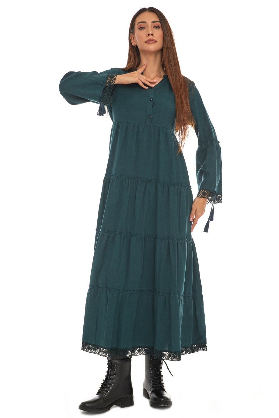 Pazen Petrol Dantelli Düz Desen Uzun Elbise