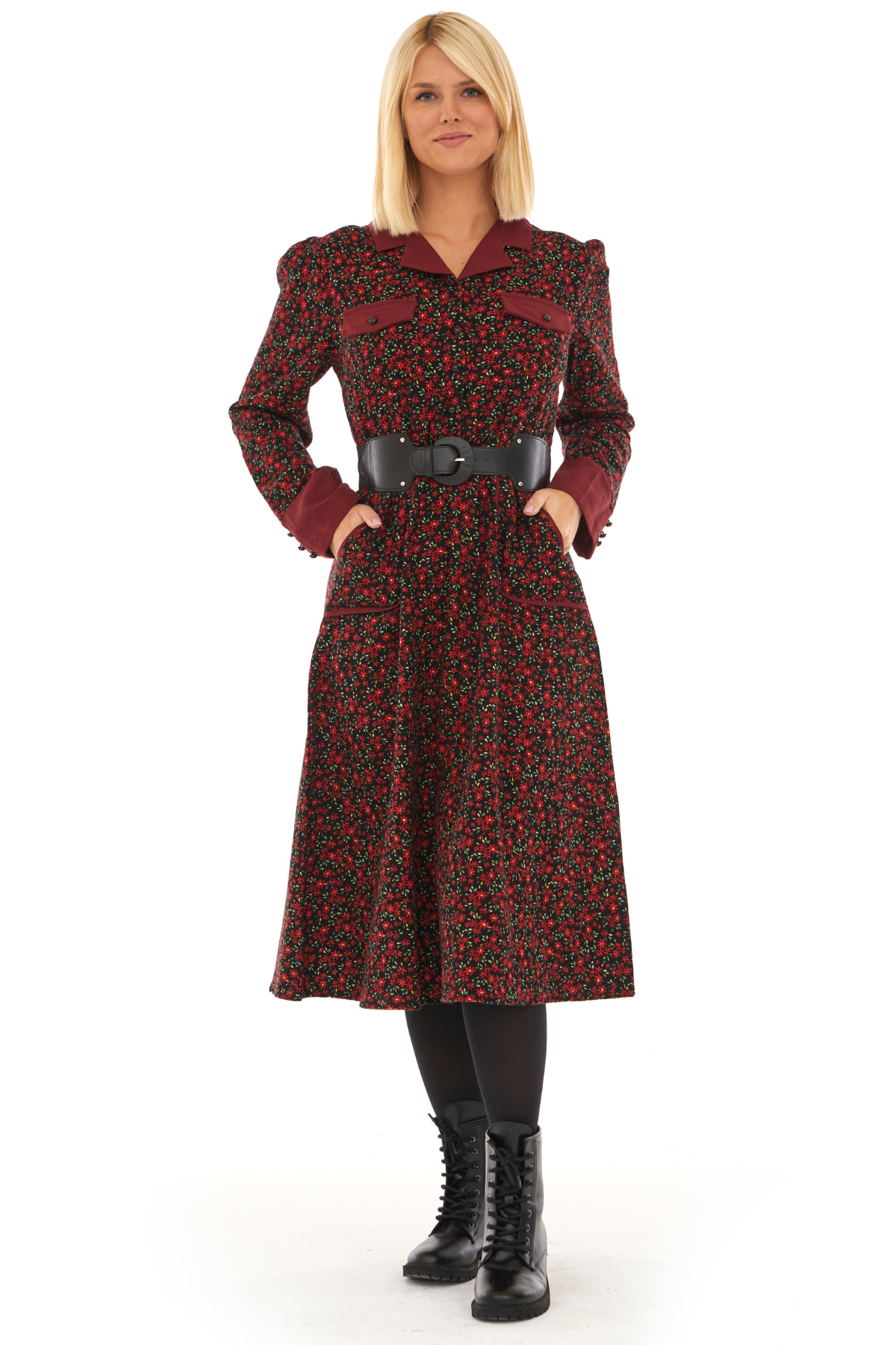 Pazen Siyah Kemerli  Sonbahar Kış Elbise