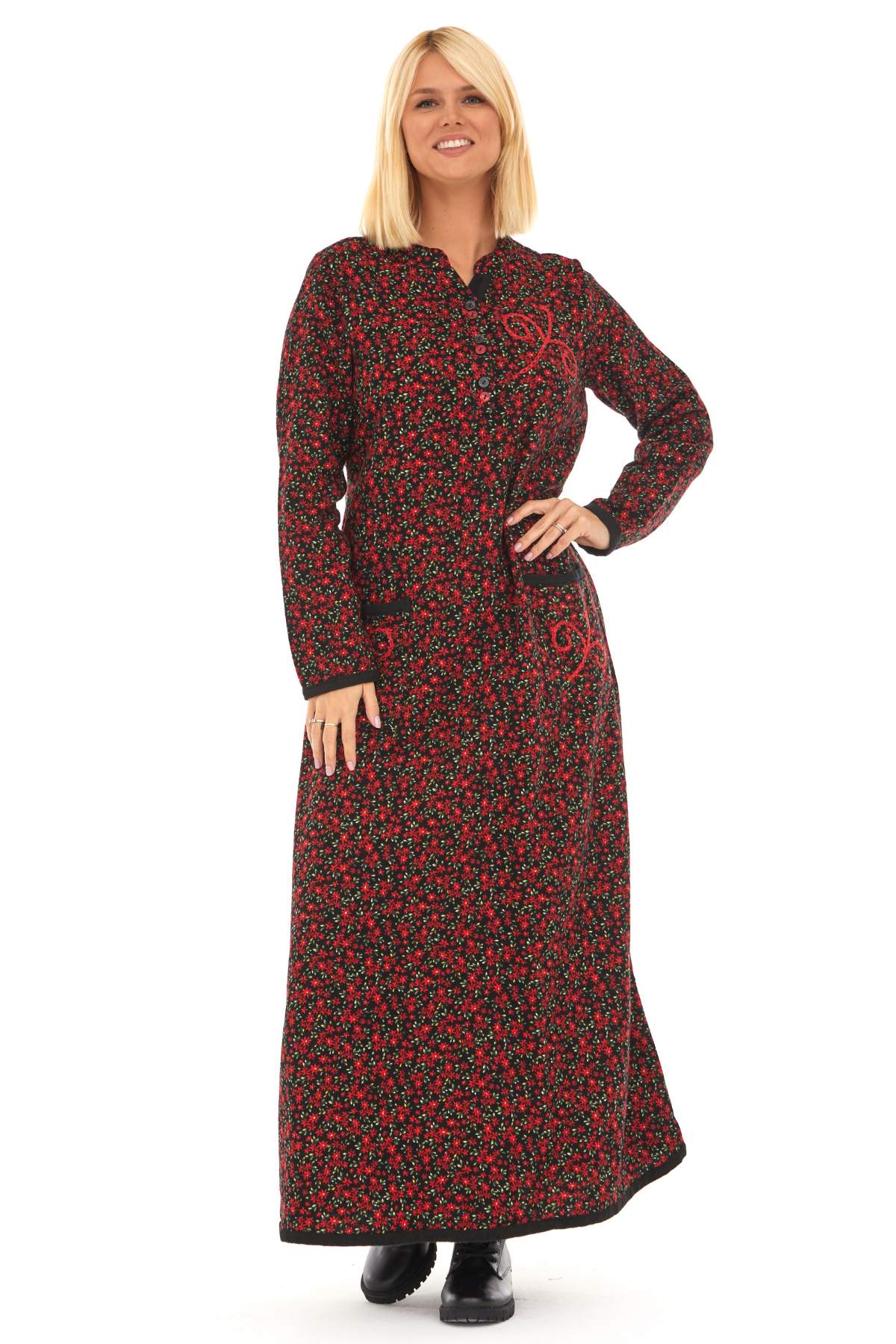 Pazen Siyah Yıldız Nakışlı Uzun Sonbahar ve Kışlık Elbise