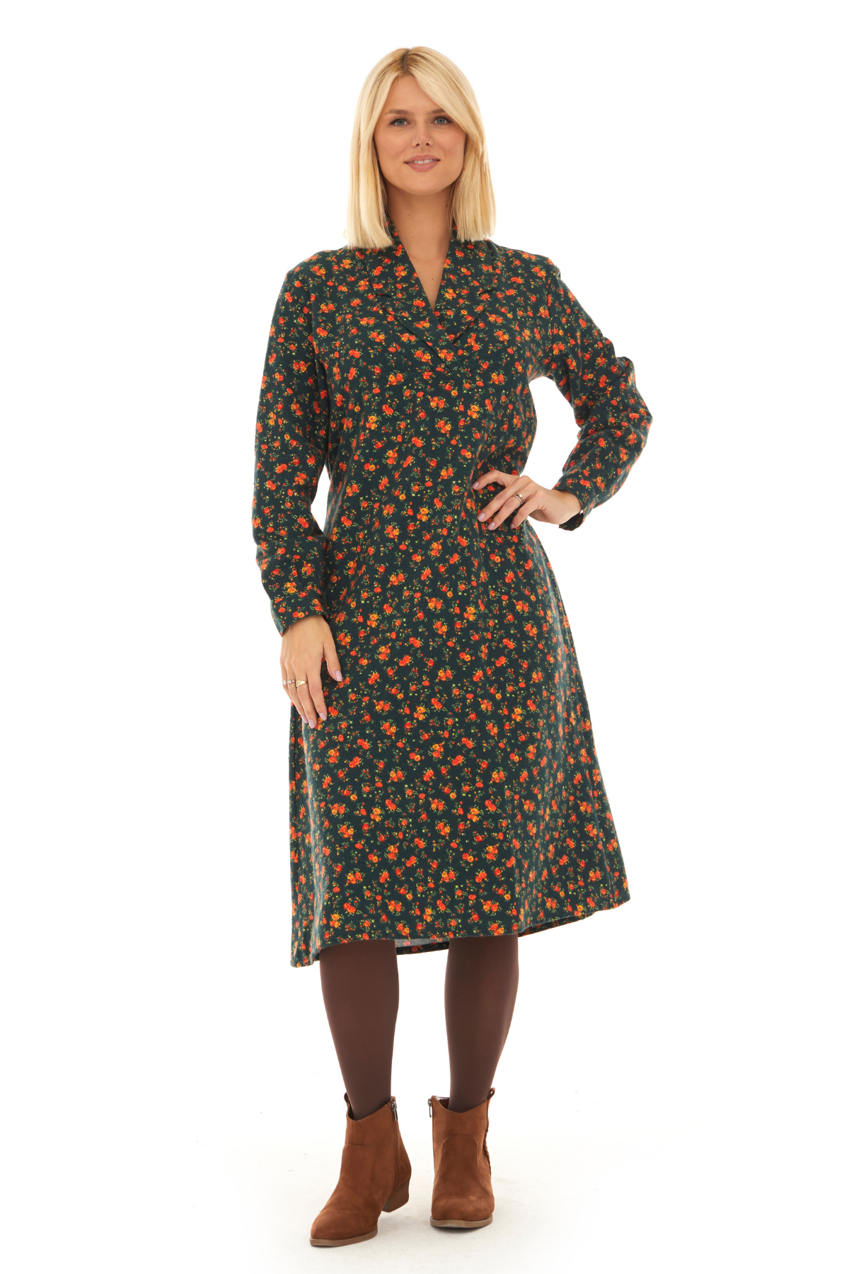 Pazen Yeşil Çiçek Detay Midi Sonbahar Kış Elbise