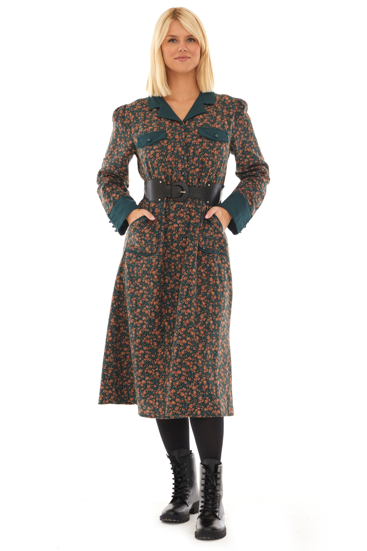 Pazen Yeşil Kemerli  Sonbahar Kış Elbise