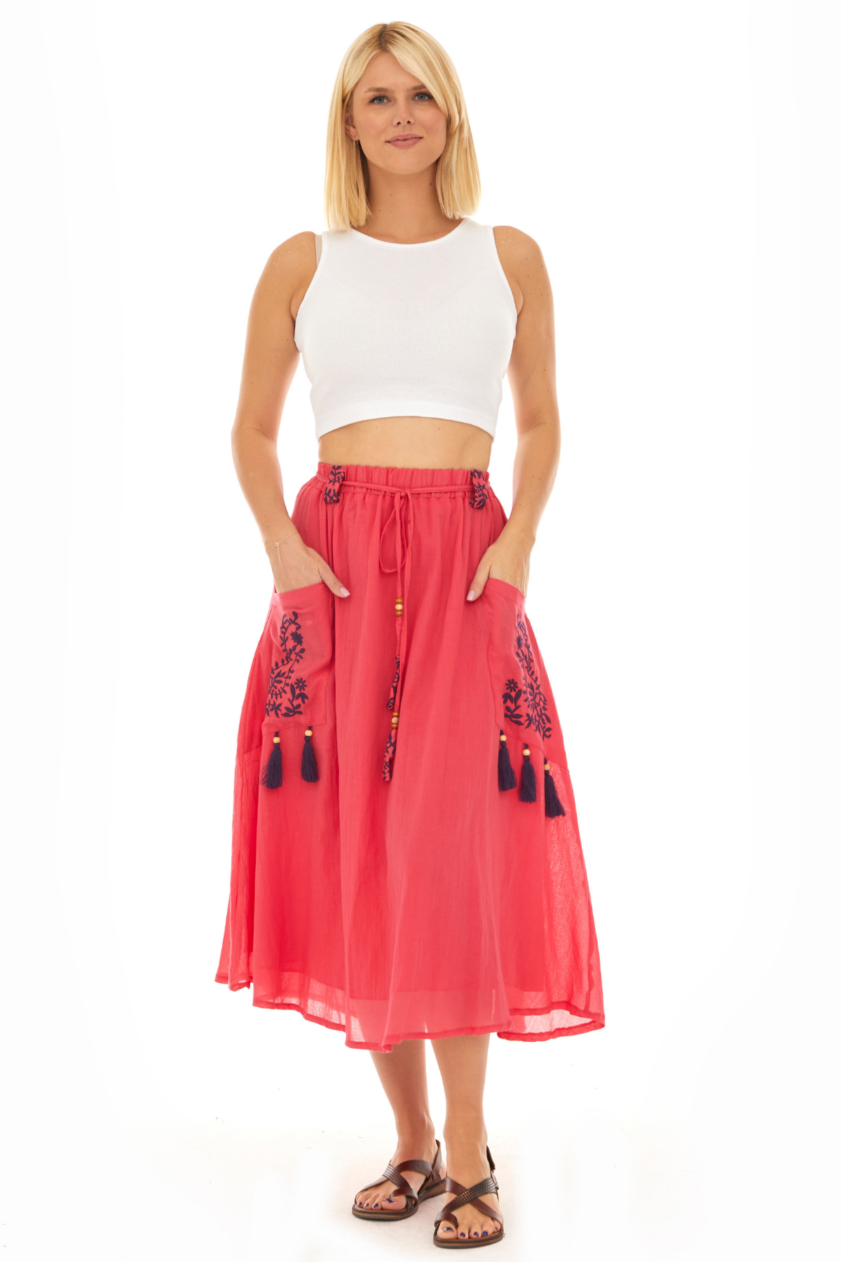 Pembe Vual Midi Boy Yazlık Etek