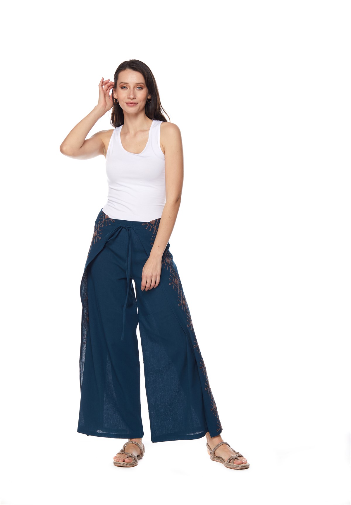 Petrol Nakışlı  Otantik Pantolon