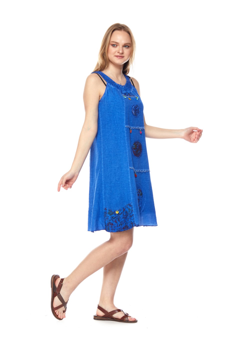 Saks Askılı Oyalı Mini Elbise