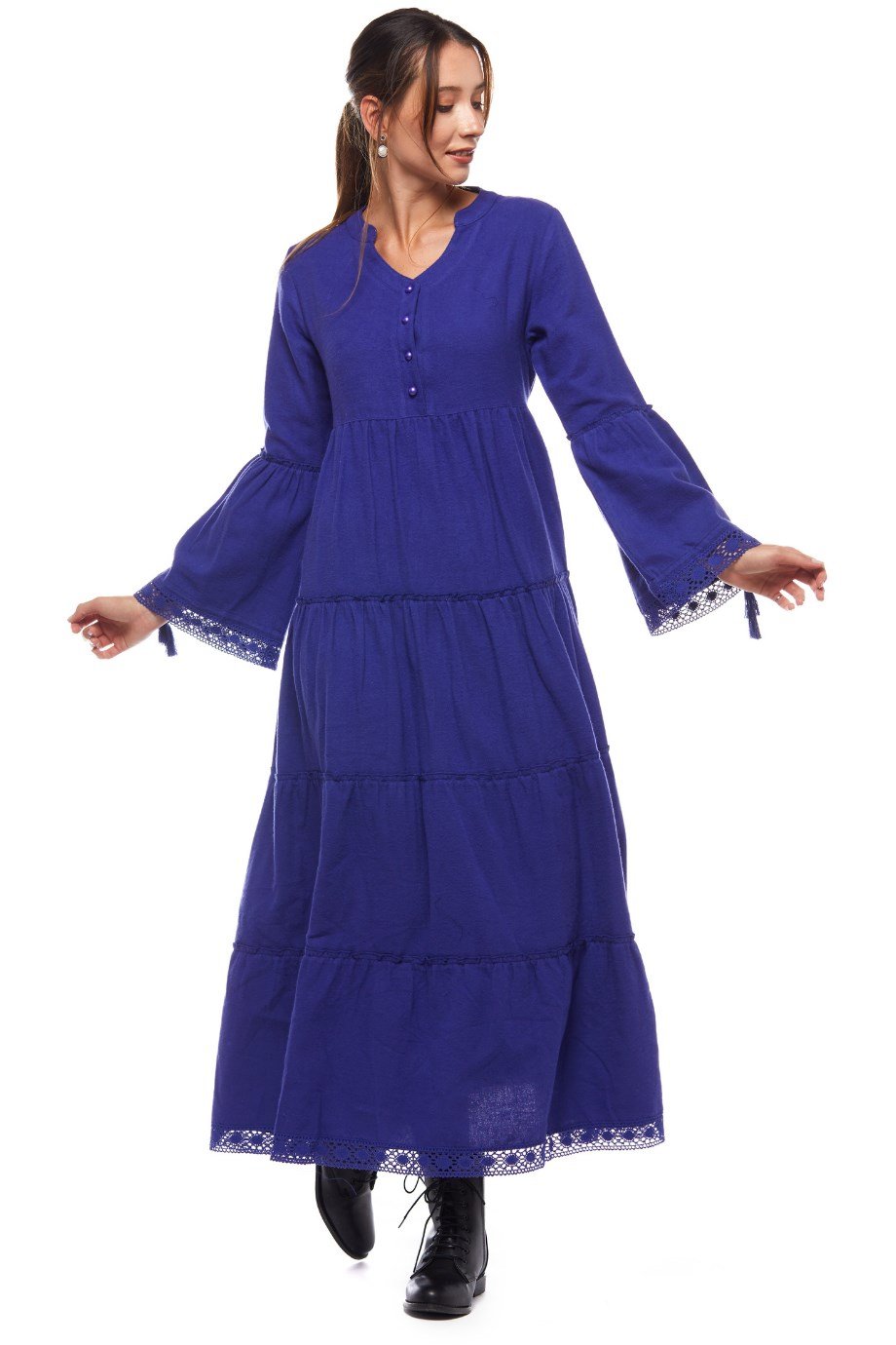 Saks Dantelli Düz Desen Uzun Elbise