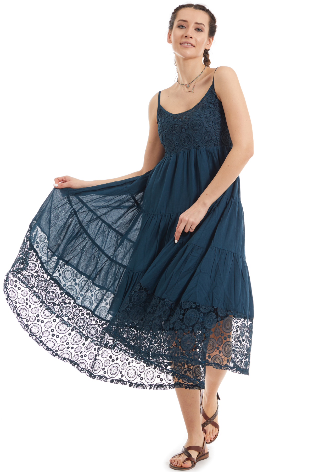 Şile Bezi Askılı Dantelli Elbise Petrol