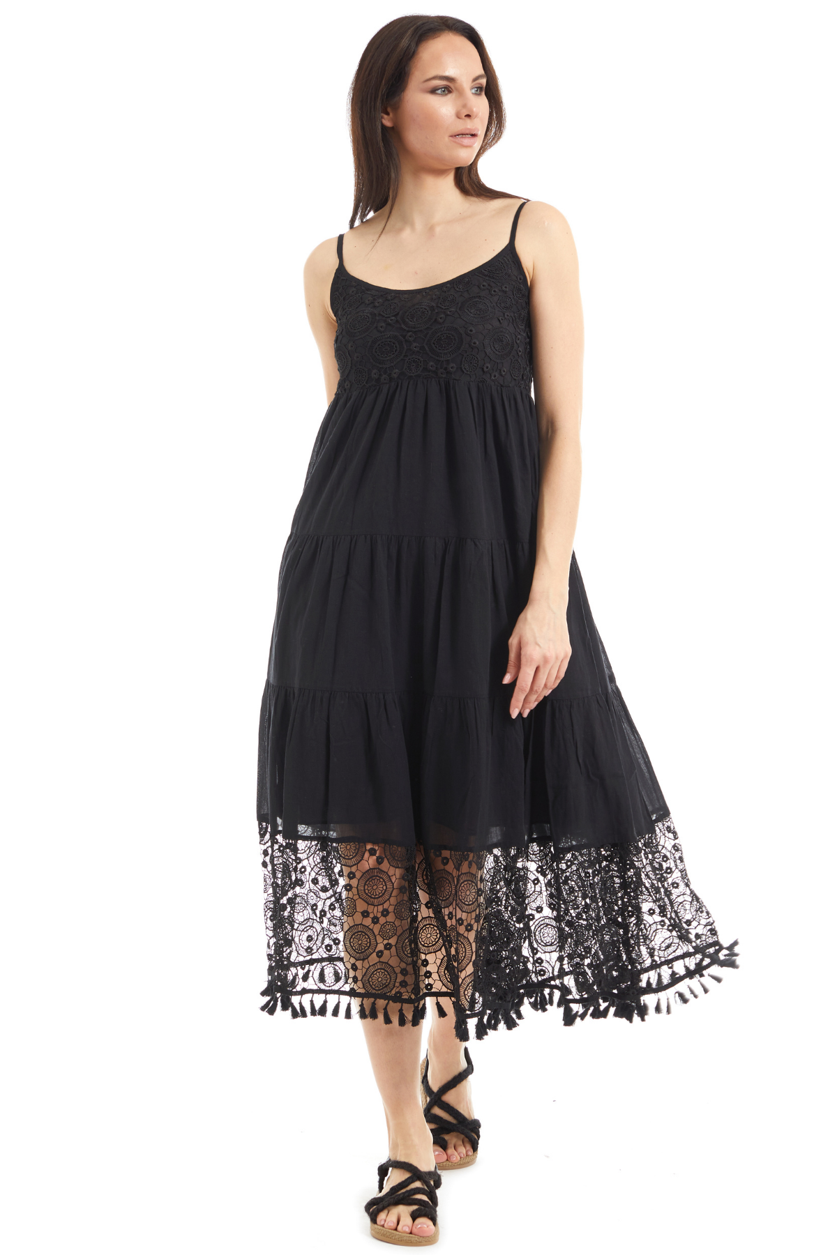 Şile Bezi Askılı Dantelli Elbise Siyah