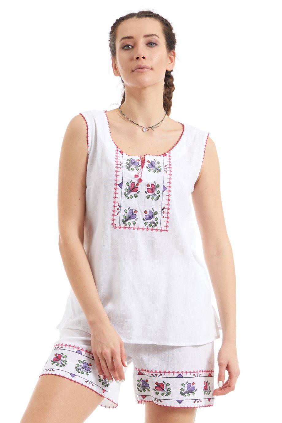 Şile Bezi Beyaz Nakış İşlemeli Atlet-Şort Takım