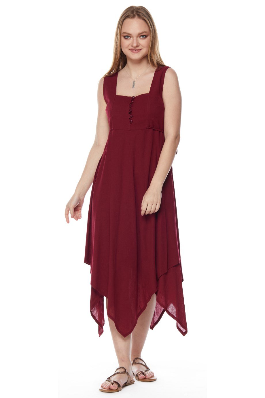 Şile Bezi Bordo Asimetrik Düğmeli Elbise