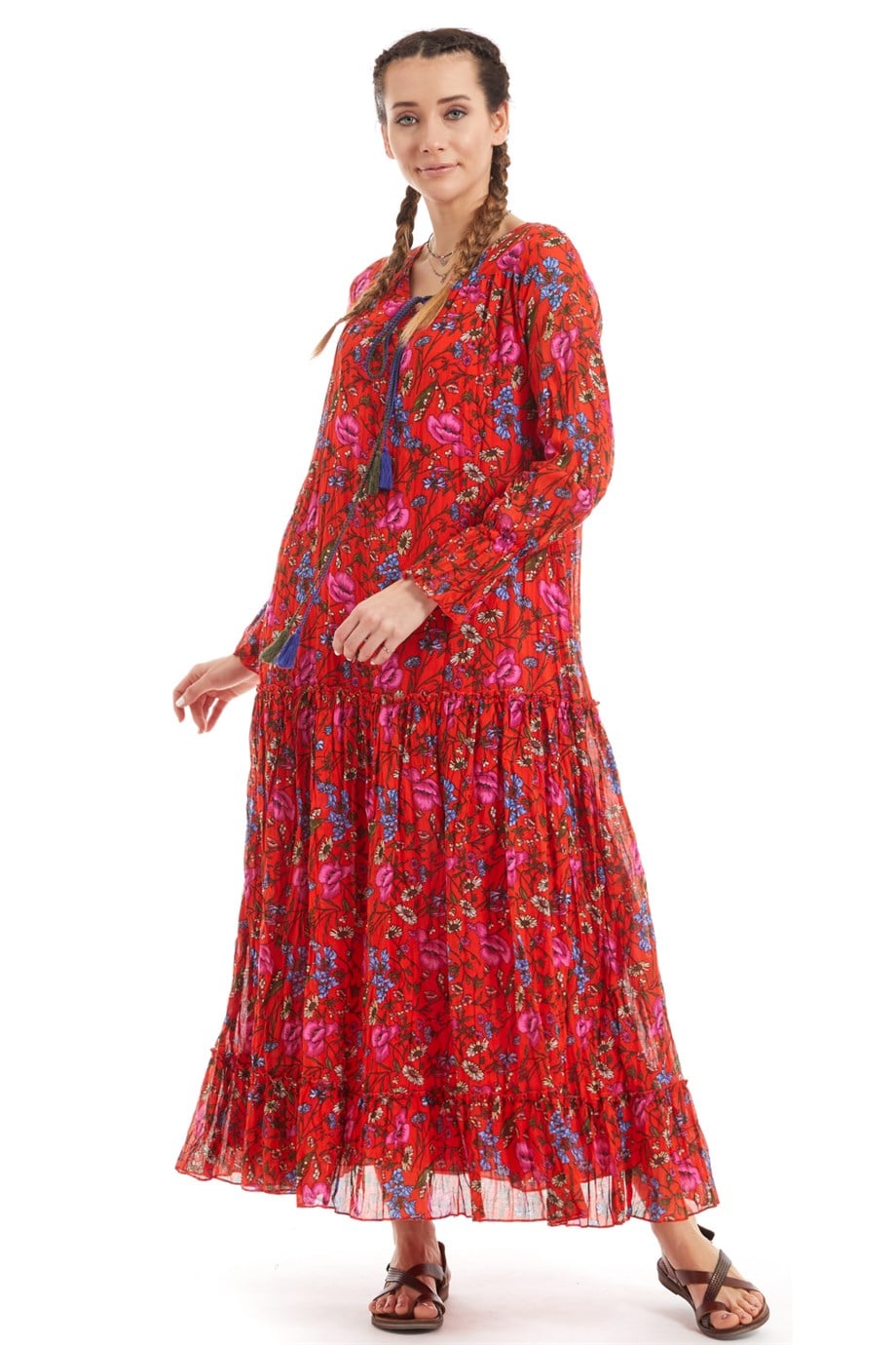 100% Cotton Red Long Sleeve Voile Poppy Pattern Dress