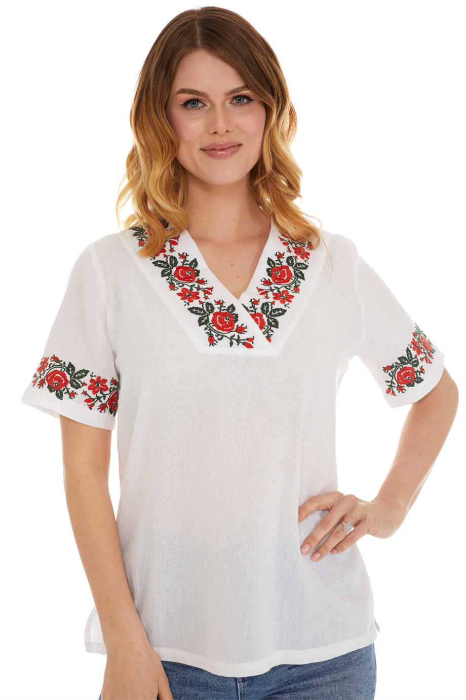 Şile Bezi Kısa Kol Beyaz Gül Nakışlı Bluz 