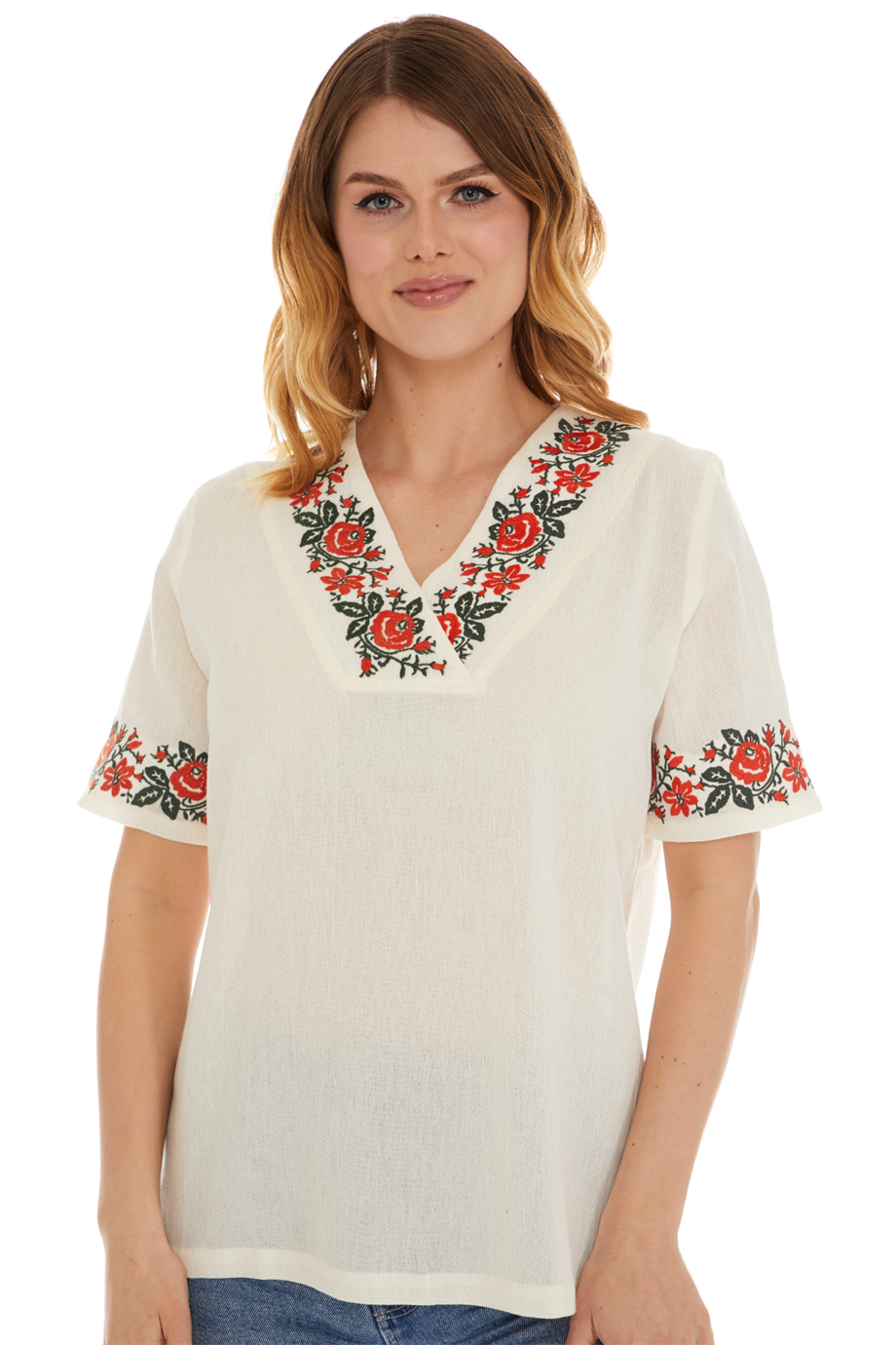 Şile Bezi Kısa Kol Krem Gül Nakışlı Bluz 