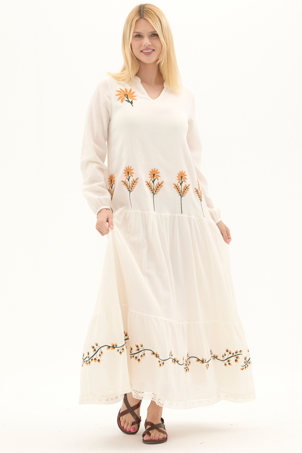 Şile Bezi Krem Uzun Kol Nakışlı Uzun Yazlık Elbise