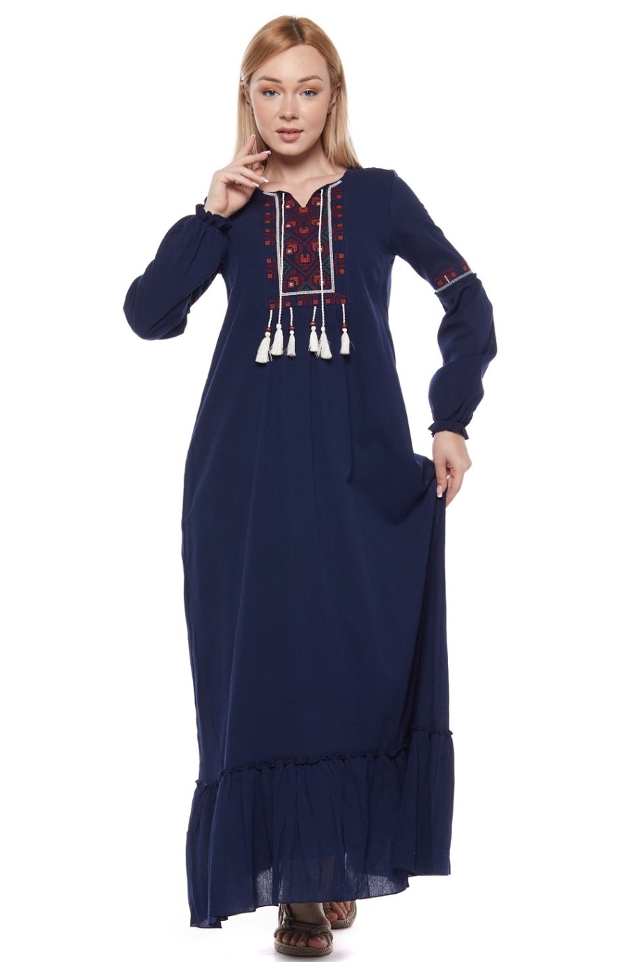 Şile Bezi Lacivert Uzun Kollu Püsküllü Elbise
