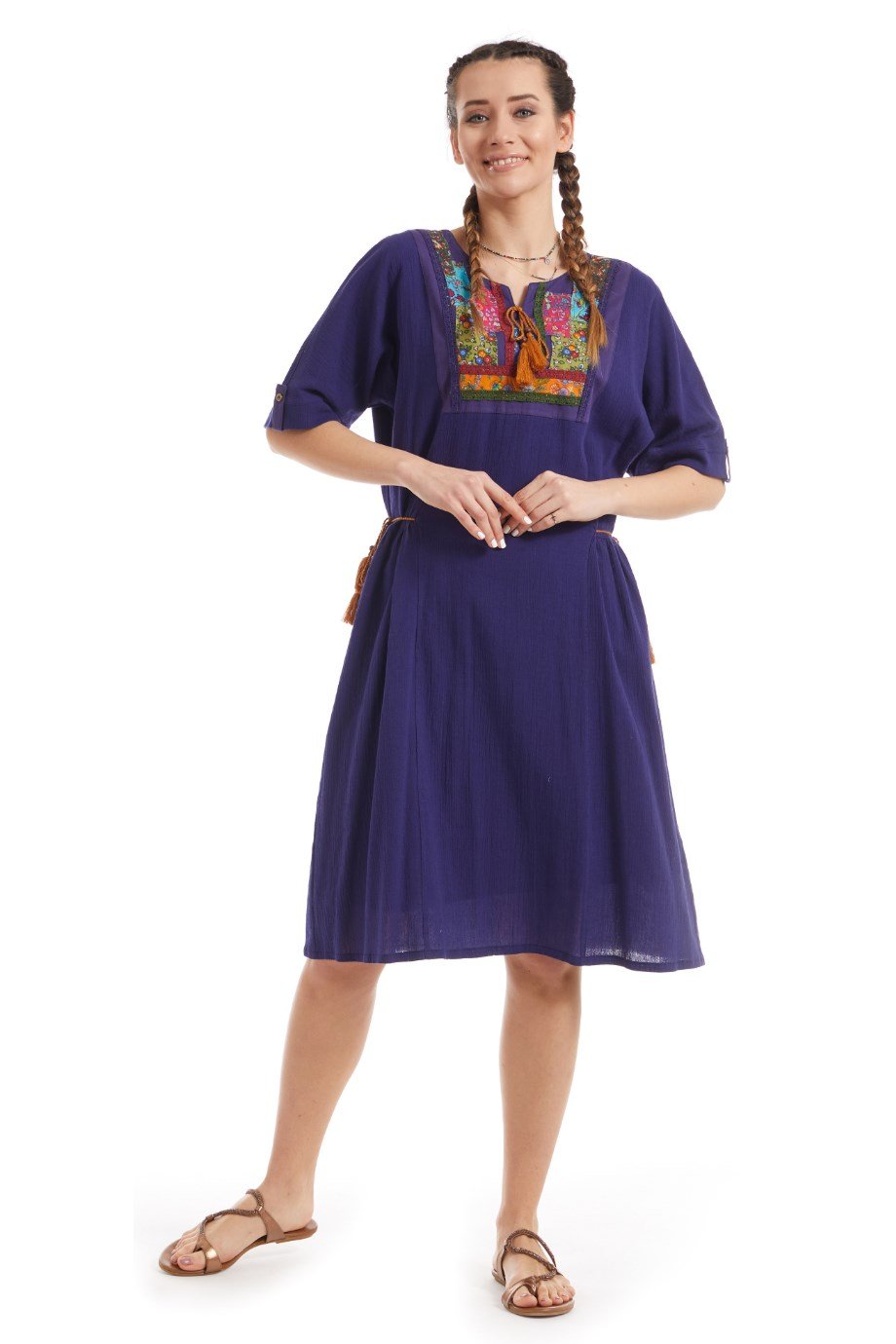 Şile Bezi Mor Kısa Kol Otantik Yamalı Elbise