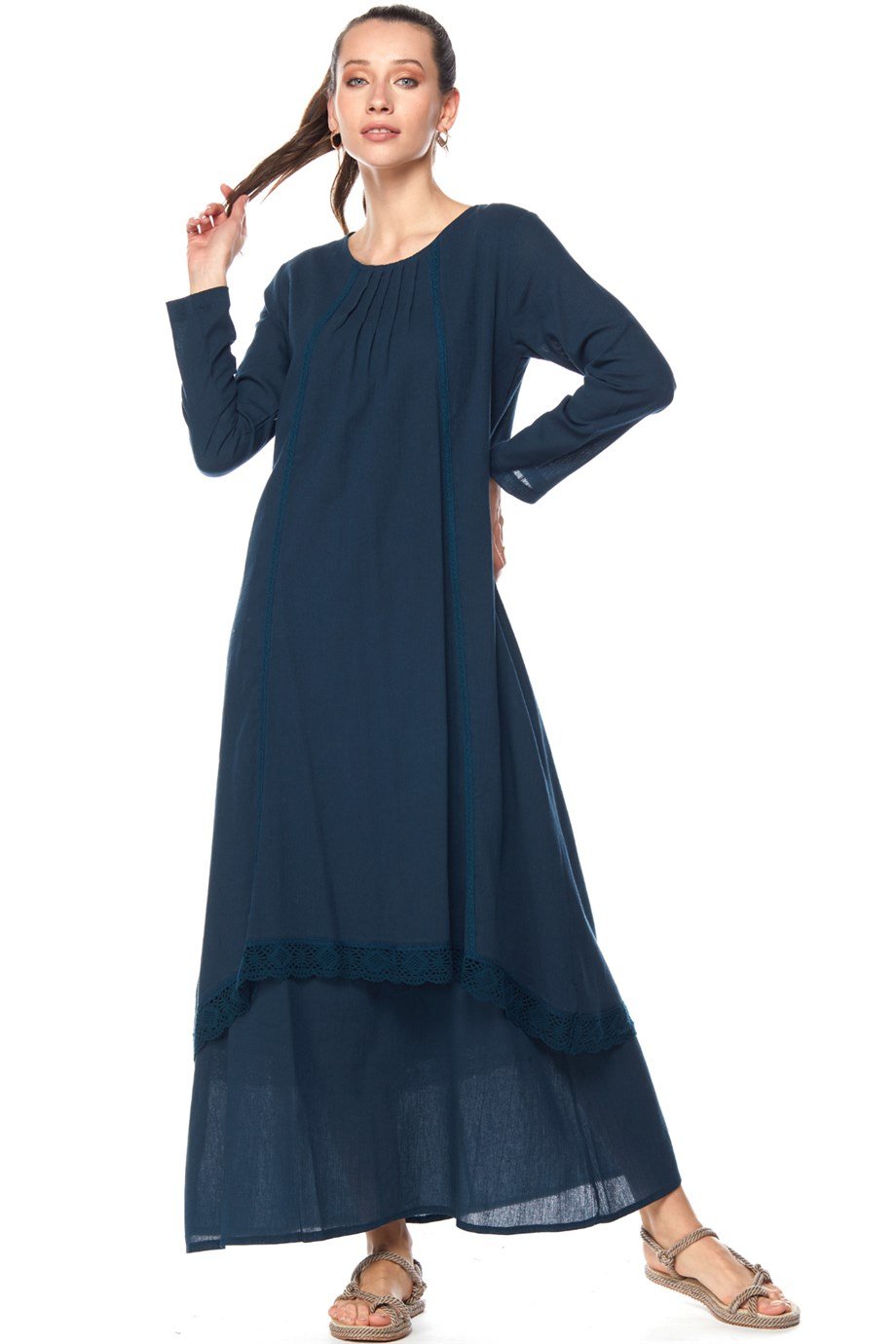 Şile Bezi Petrol Uzun Kollu Dantel Detaylı Elbise