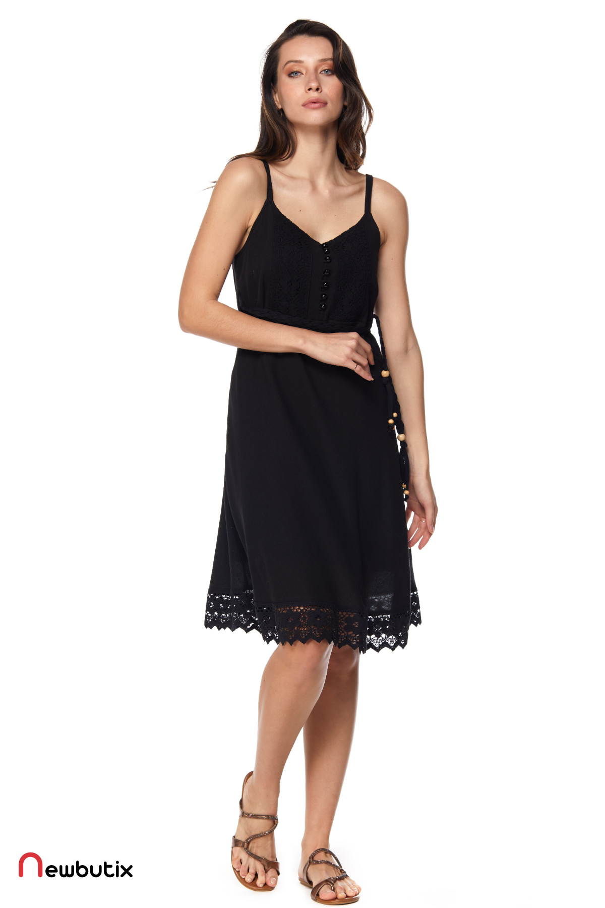 Şile Bezi Siyah Askılı Kemerli Elbise