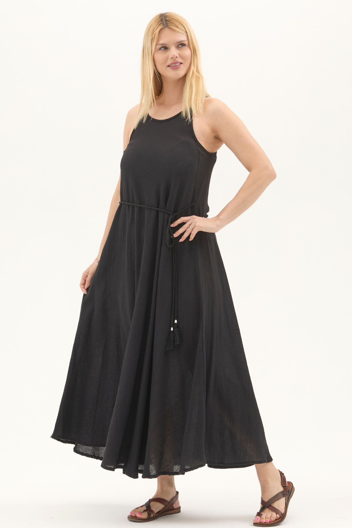 Şile Bezi Siyah Askılı Uzun Yazlık Elbise