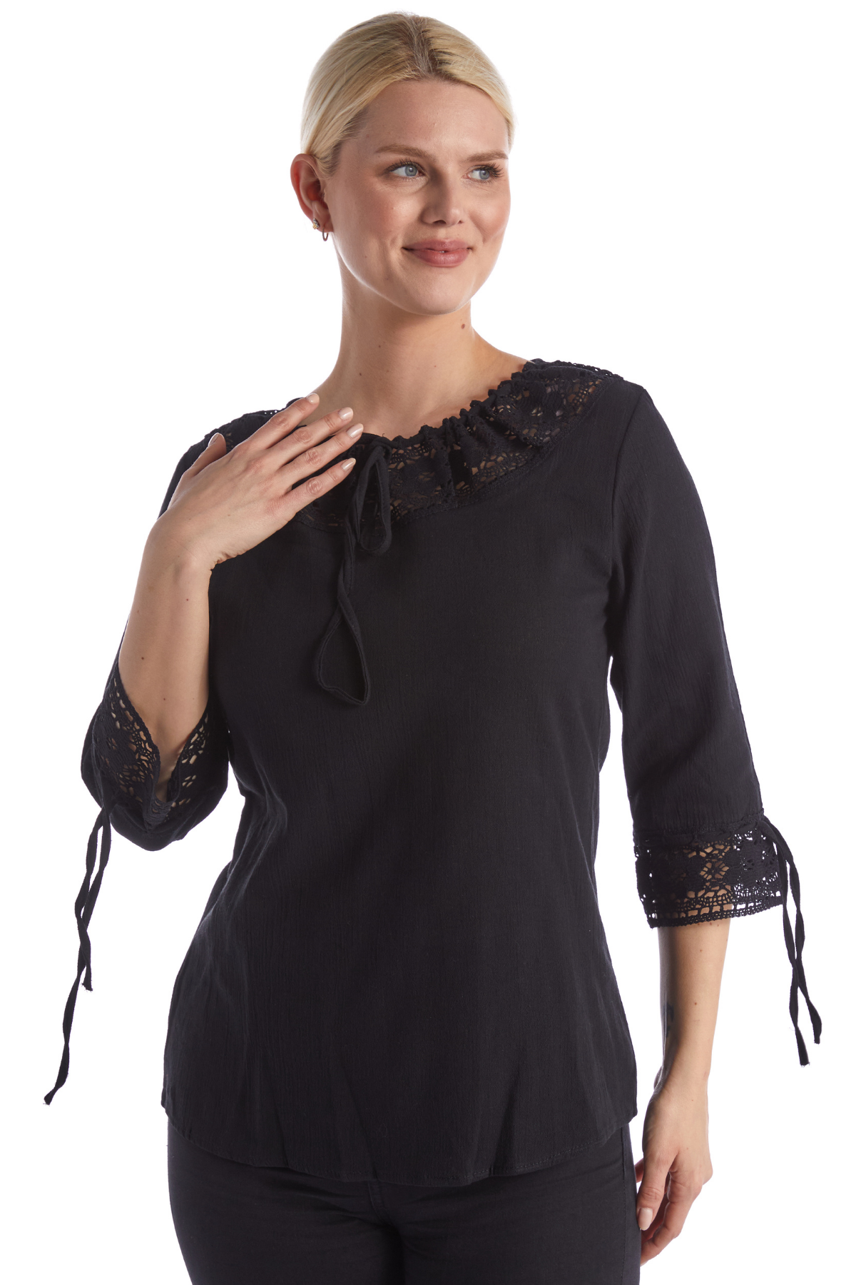 100% Cotton  Black Lace Collar Half Sleeve Blouse