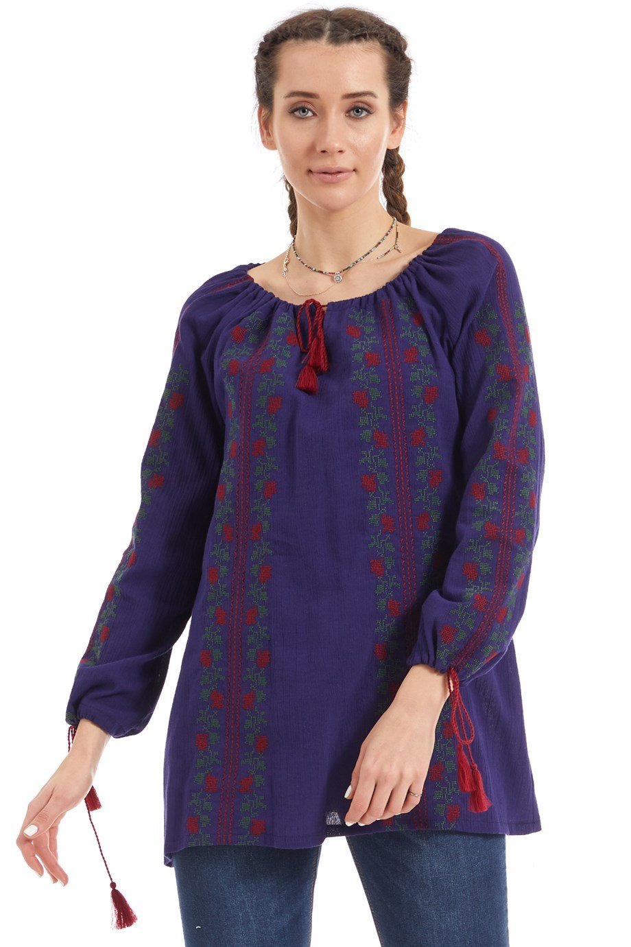 Şile Bezi Uzun Kol Mor Nakışlı Bluz