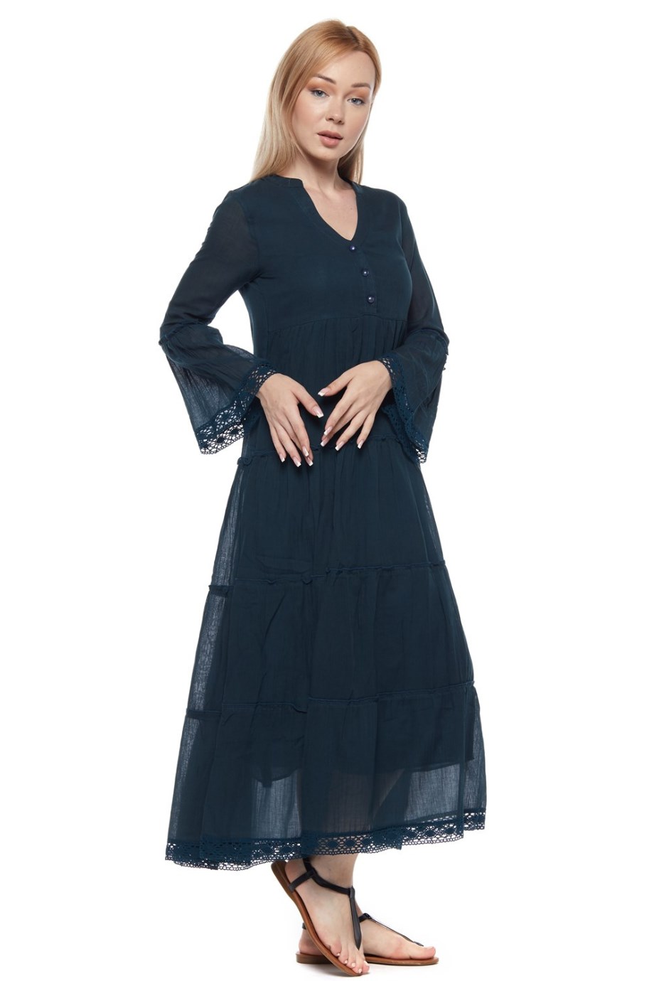 Long Sleeve Petrol Color Buttoned Dress