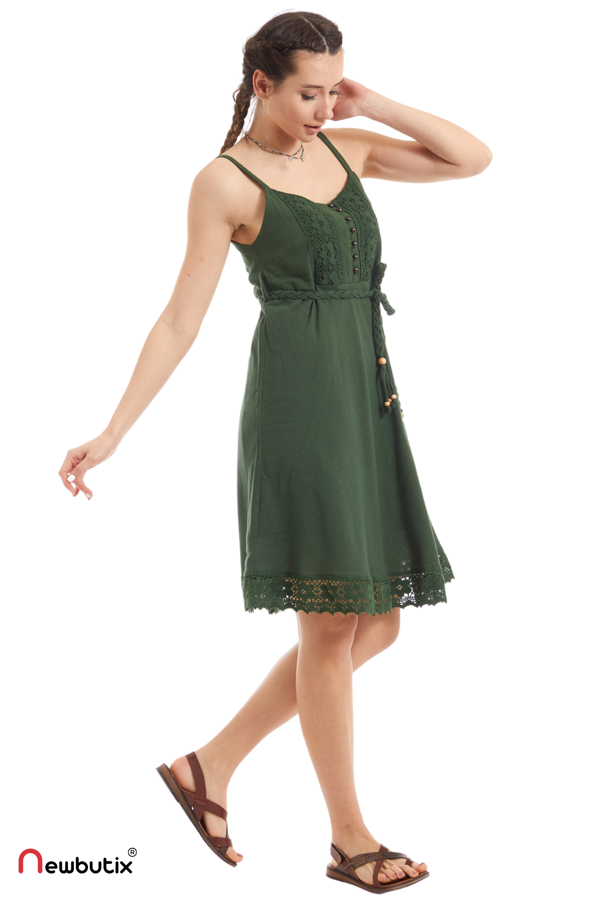 Şile Bezi Yeşil Askılı Kemerli Elbise