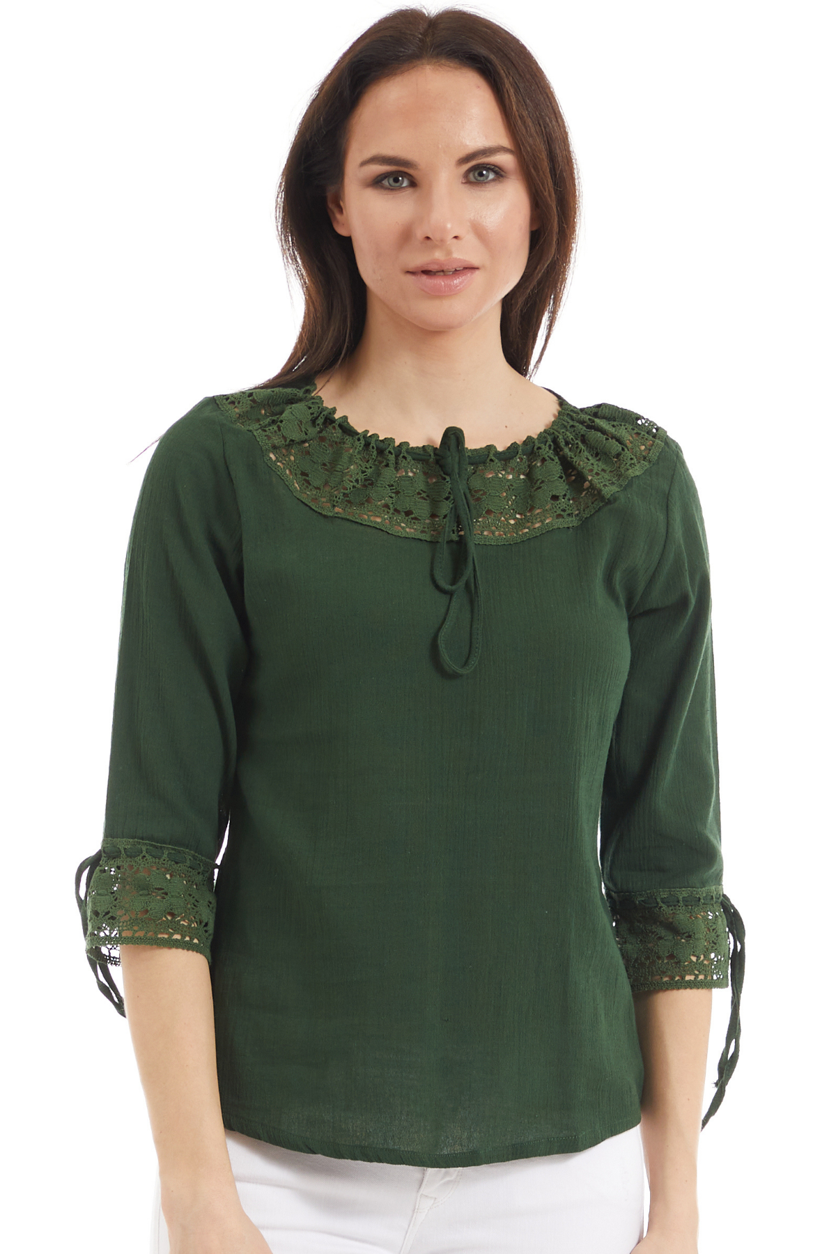Şile Bezi Yeşil Dantel Yaka Yarım Kol  Bluz