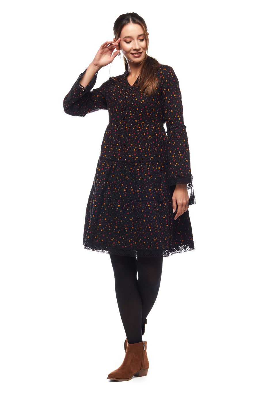 Siyah Çıtır Desen Kısa Elbise