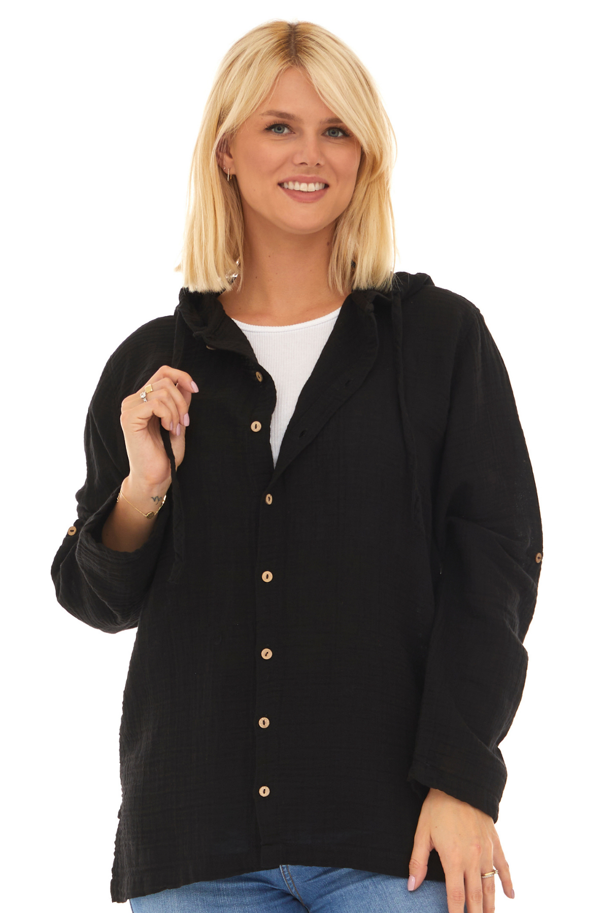 Uzun Kol Müslin Kapüşonlu Sweatshirt Siyah