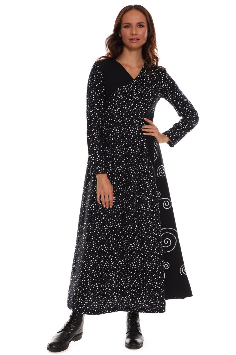 Uzun Kol Pazen Kruvaze Elbise Çiçek Desen Beyaz