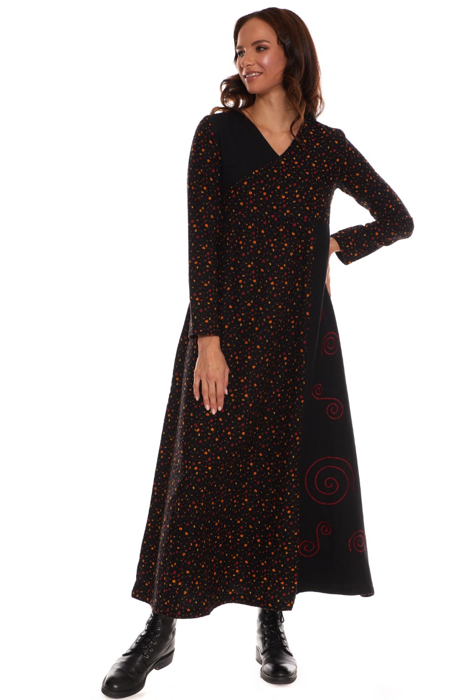 Uzun Kol Pazen Kruvaze Elbise Çiçek Desen Siyah