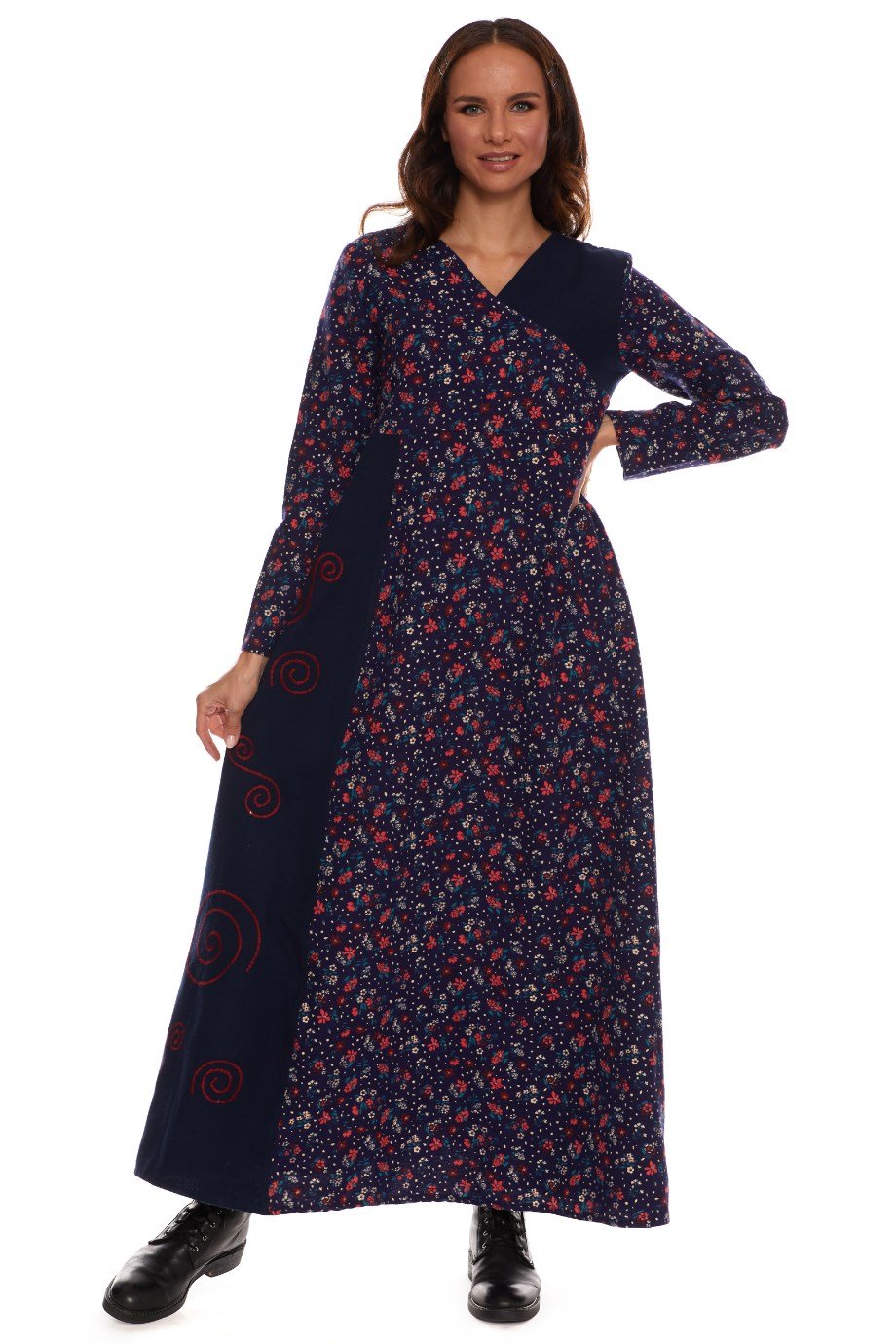 Uzun Kol Pazen Kruvaze Elbise Çiçek Desen Lacivert