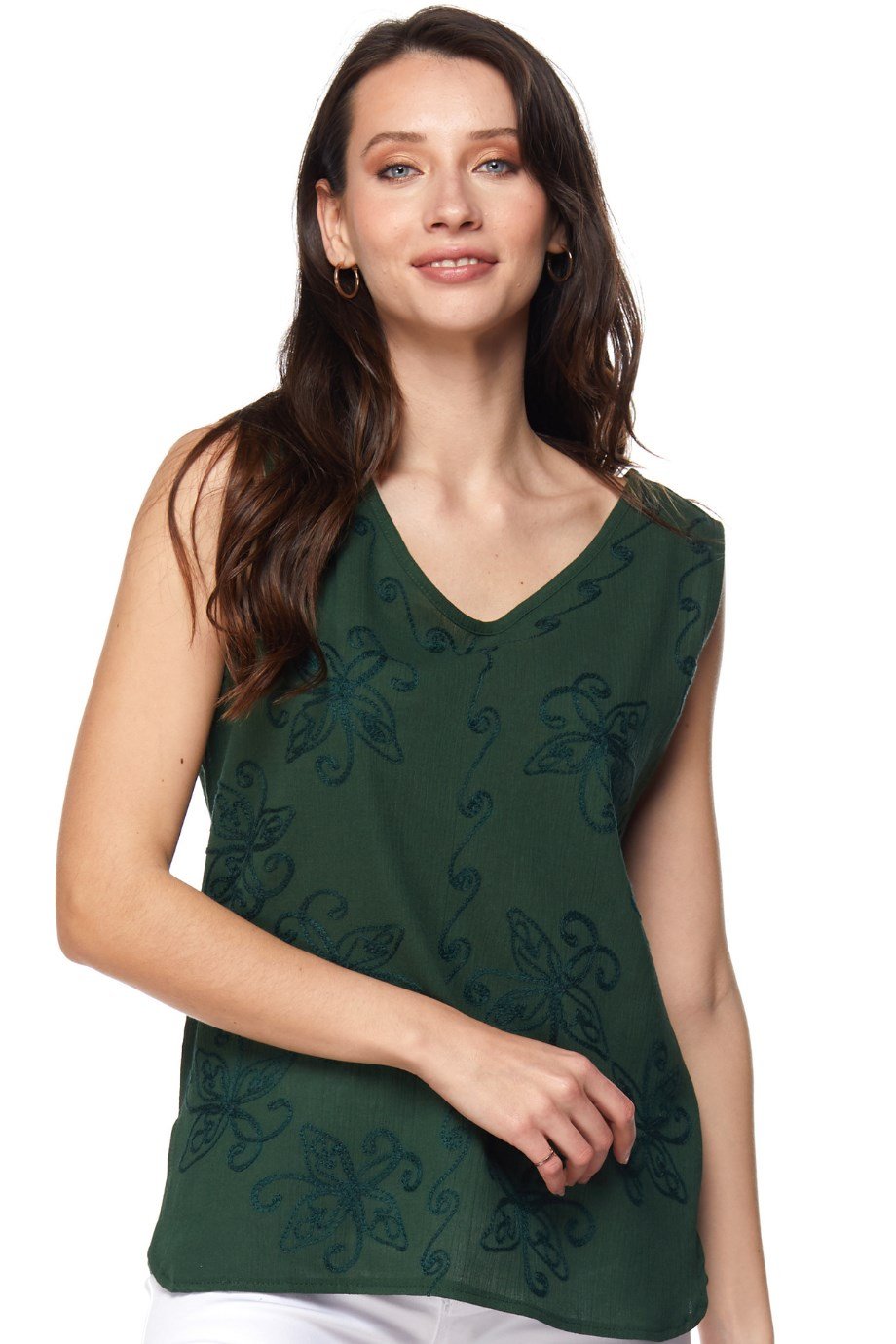 Yeşil Kolsuz İşleme Detaylı Bluz