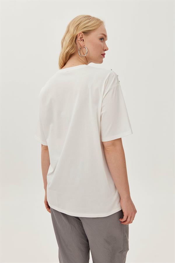 RICO-1 Taş Detaylı Baskılı Beyaz T-shirt