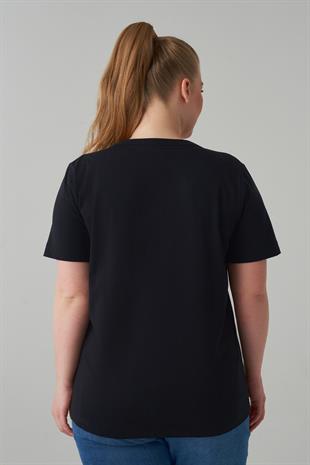 DAVE U Yaka Basic Kısa Kollu Kadın T-shirt Siyah